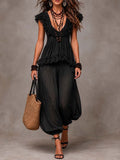 Carla Conjunto Bohemio Negro de Top de Encaje con Cuello en V y Pantalón Harem