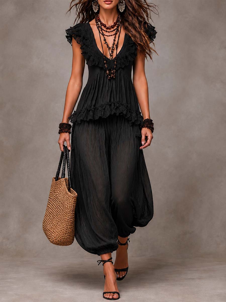 Carla Conjunto Bohemio Negro de Top de Encaje con Cuello en V y Pantalón Harem