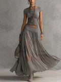 Africa Conjunto de Top Gris de Encaje Transparente y Falda Maxi Plisada