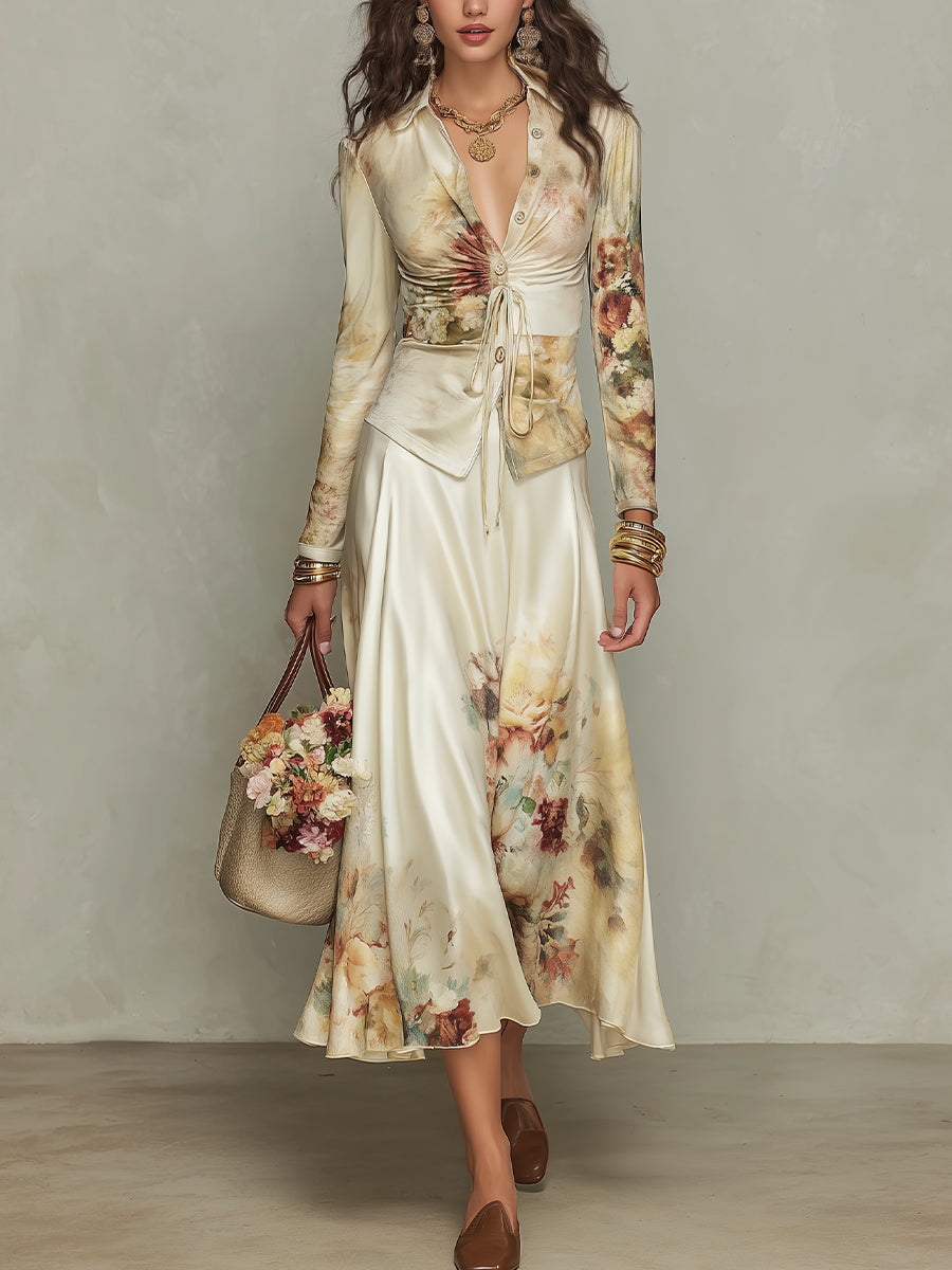 Zulema Elegante Conjunto de Camisa y Falda de Satén Marfil con Estampado Floral