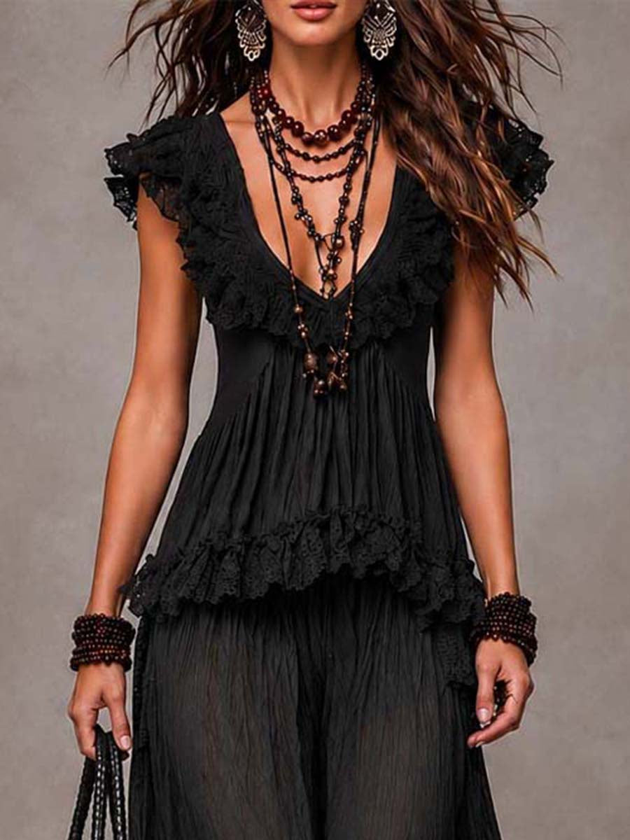 Carla Conjunto Bohemio Negro de Top de Encaje con Cuello en V y Pantalón Harem