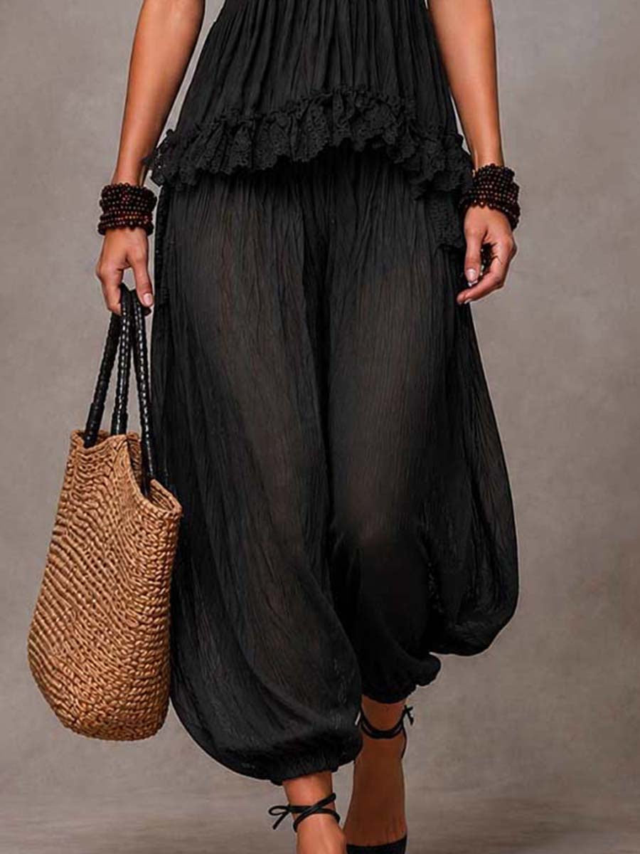 Carla Conjunto Bohemio Negro de Top de Encaje con Cuello en V y Pantalón Harem