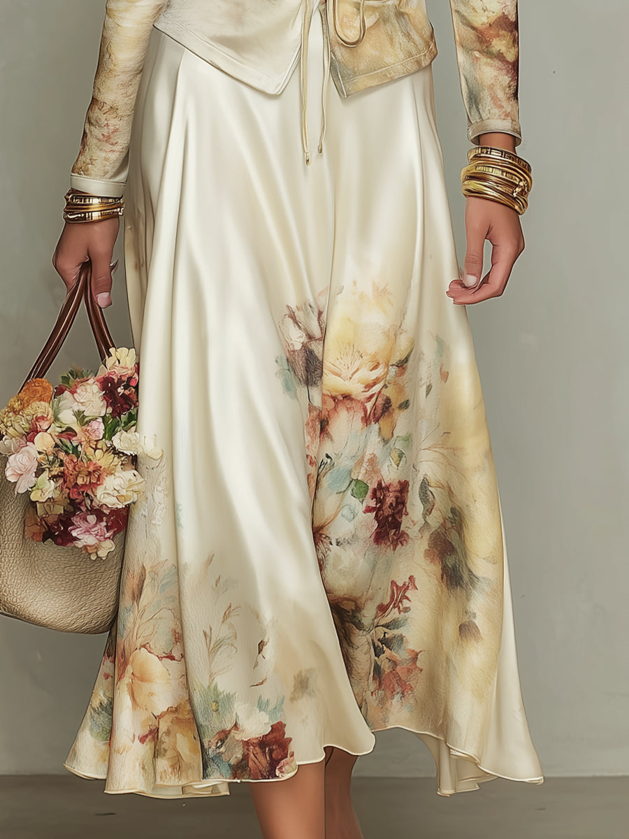 Zulema Elegante Conjunto de Camisa y Falda de Satén Marfil con Estampado Floral