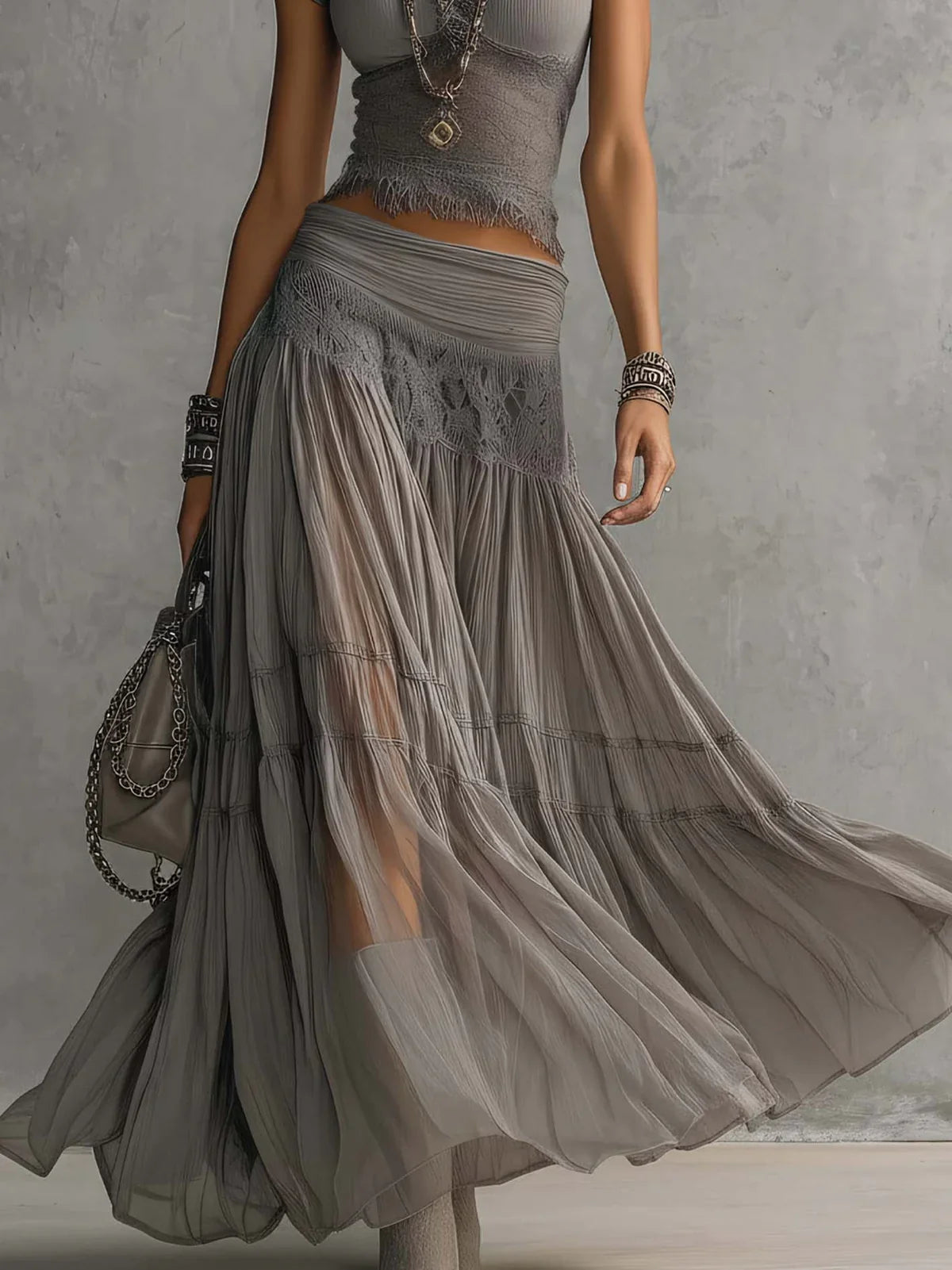 Africa Conjunto de Top Gris de Encaje Transparente y Falda Maxi Plisada