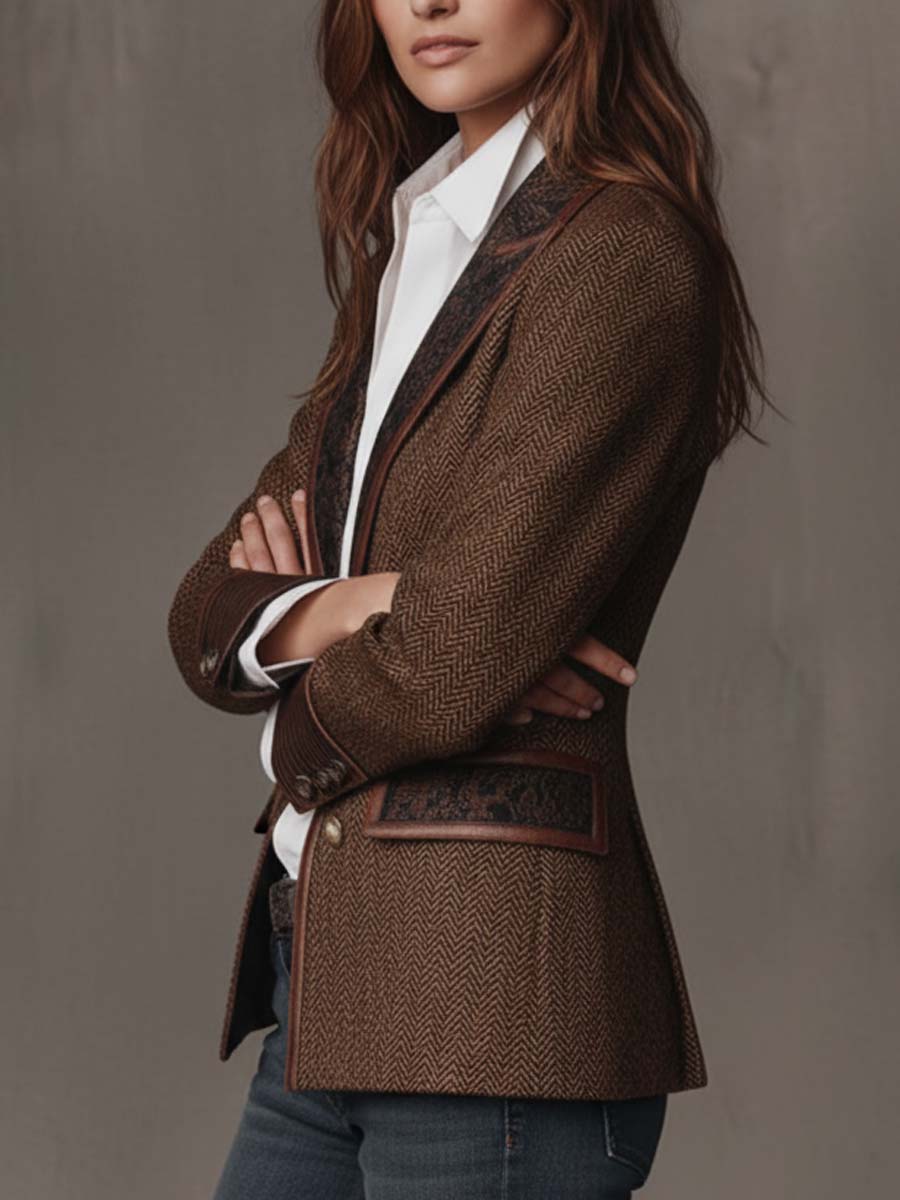 Iria Blazer con Estampado de Espiga y Detalles en Contraste