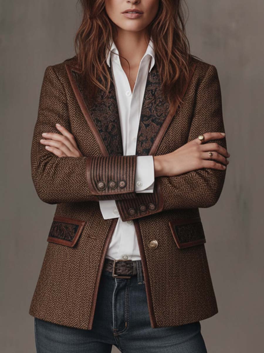 Iria Blazer con Estampado de Espiga y Detalles en Contraste