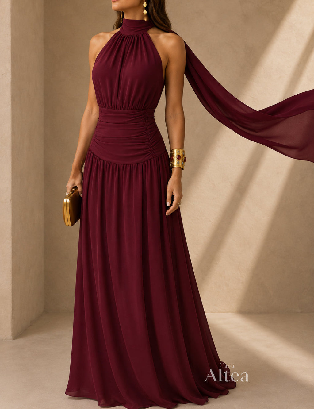 Brunella Vestido Maxi Halter con Cintura Fruncida