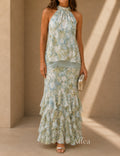 Elora Vestido Maxi Floral con Cuello Halter y Volantes