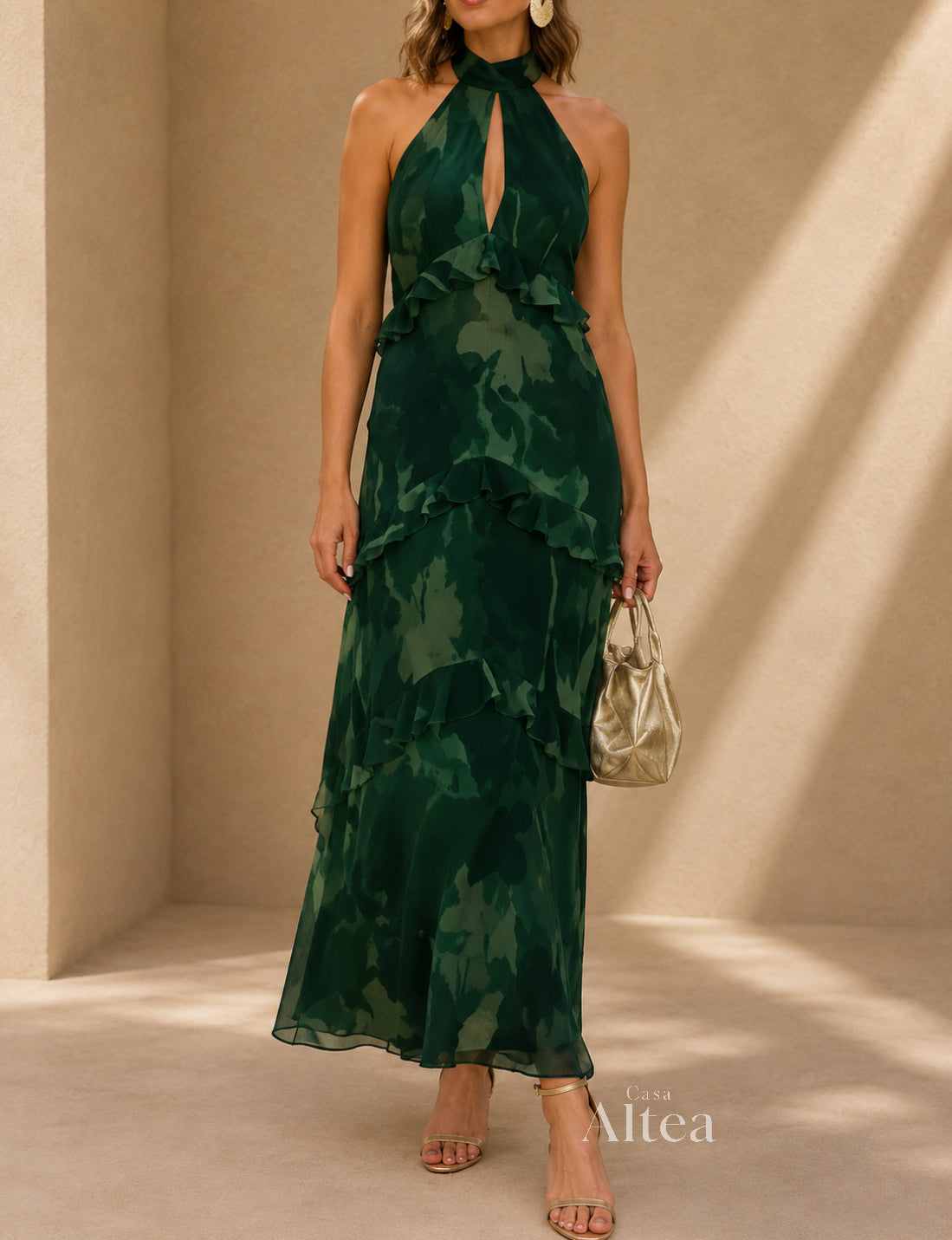 Cleofe Vestido Maxi Halter con Volantes