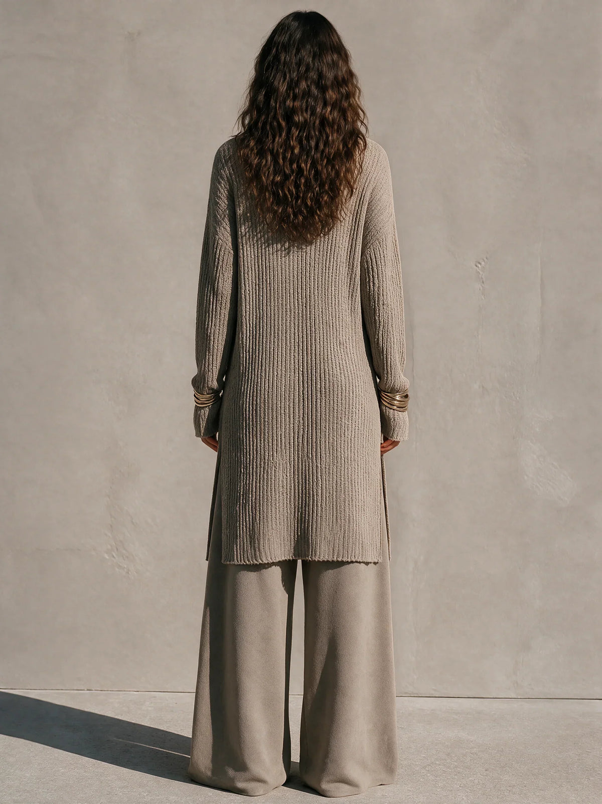 Damaris Conjunto de Mujer con Túnica de Escote en V y Manga Larga y Pantalón de Pierna Ancha de Talle Alto, Punto Texturizado Mezcla de Lino, Informal