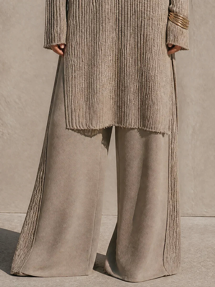 Damaris Conjunto de Mujer con Túnica de Escote en V y Manga Larga y Pantalón de Pierna Ancha de Talle Alto, Punto Texturizado Mezcla de Lino, Informal