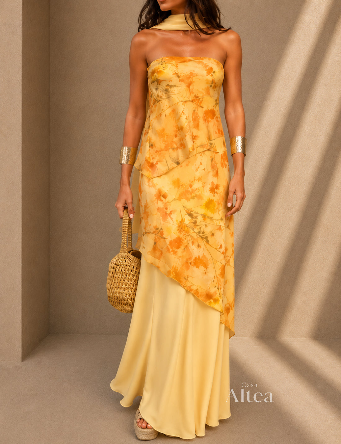 Amelia Vestido Maxi Floral con Escote Palabra de Honor