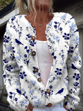 Paloma Cárdigan Vintage con Estampado Floral de Pájaros y Botones