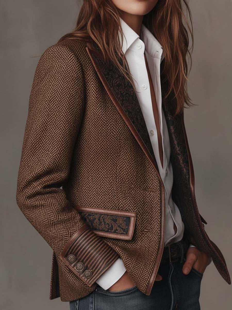 Iria Blazer con Estampado de Espiga y Detalles en Contraste