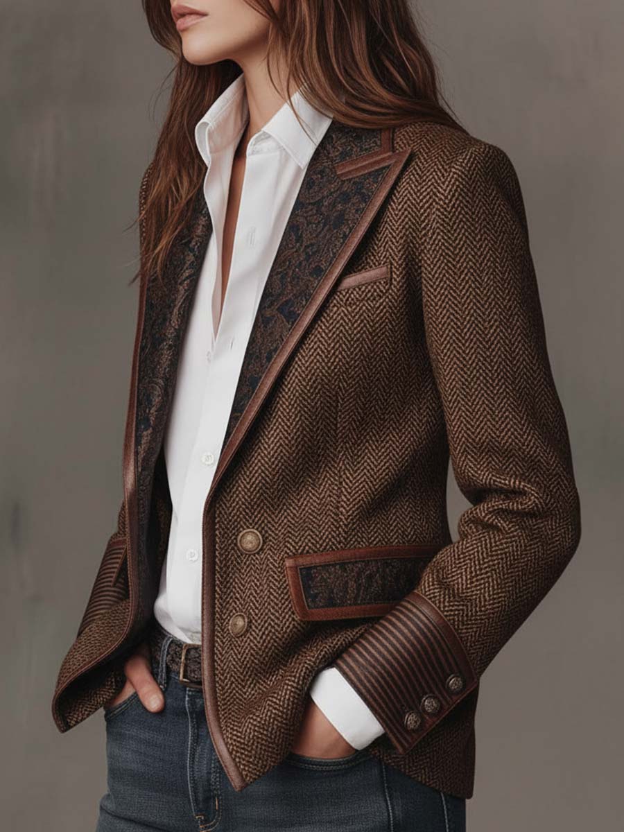 Iria Blazer con Estampado de Espiga y Detalles en Contraste