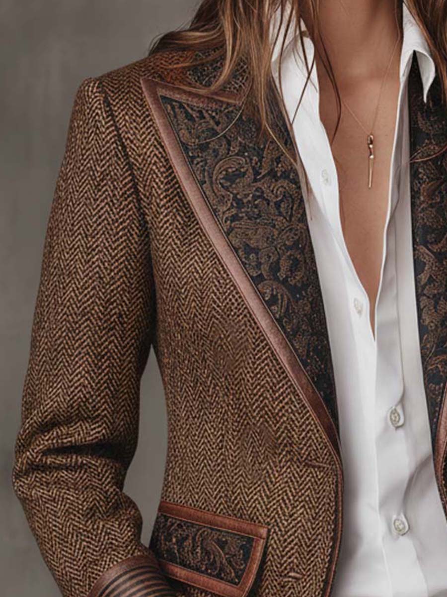 Iria Blazer con Estampado de Espiga y Detalles en Contraste
