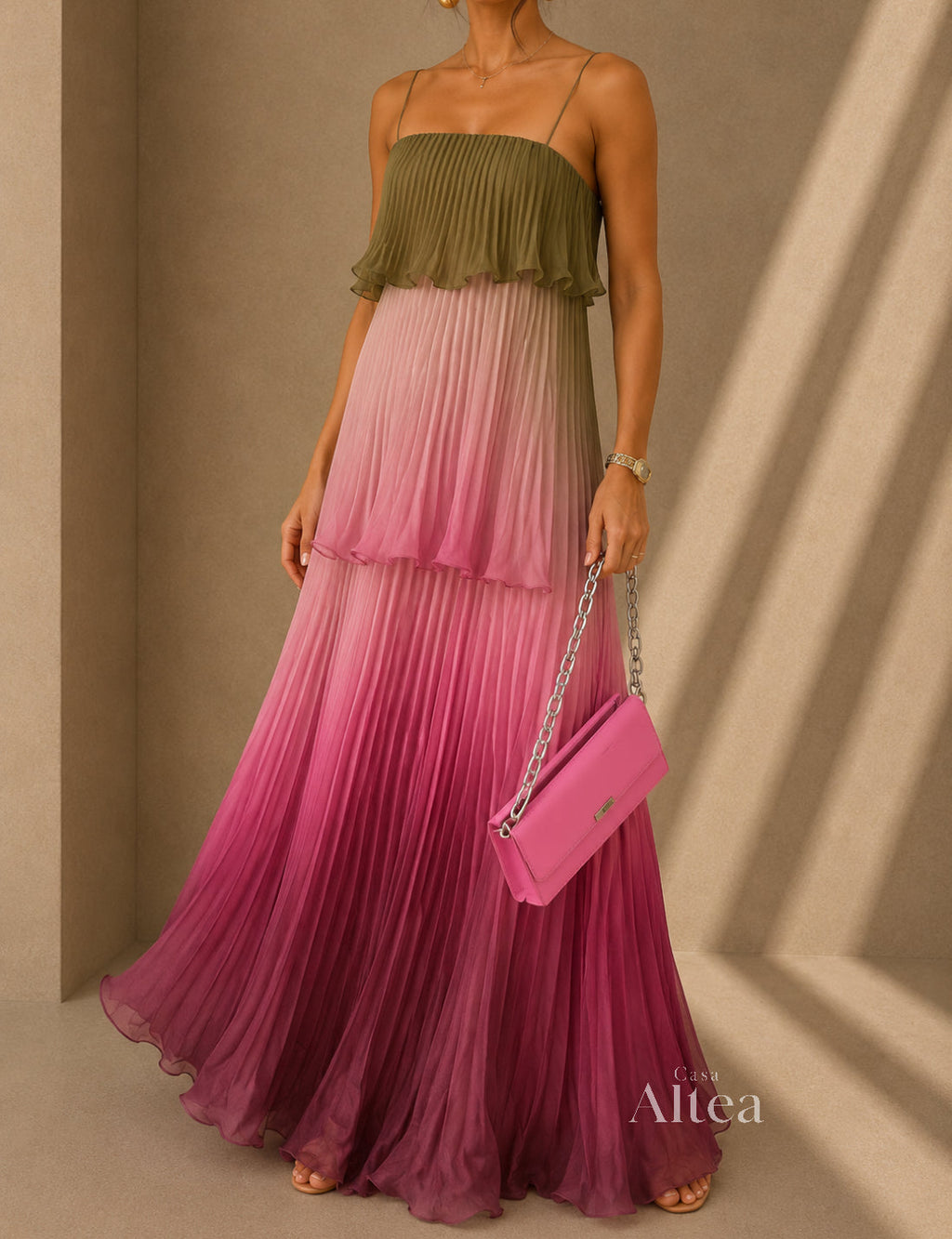 Liora Vestido Maxi Plisado Multicolor con Volantes