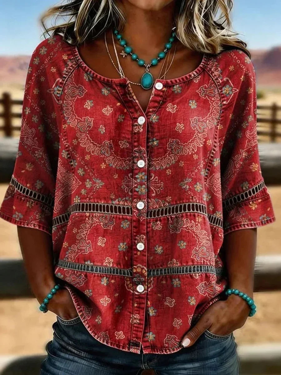 Blusa vintage étnica con cuello redondo