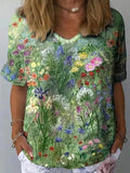 Top casual de flores con escote en pico y manga corta