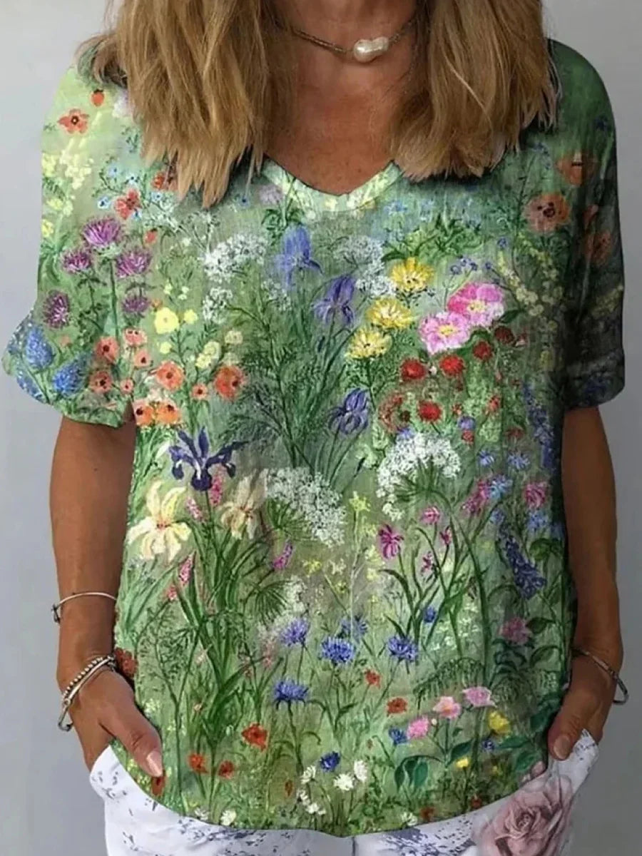 Top casual de flores con escote en pico y manga corta