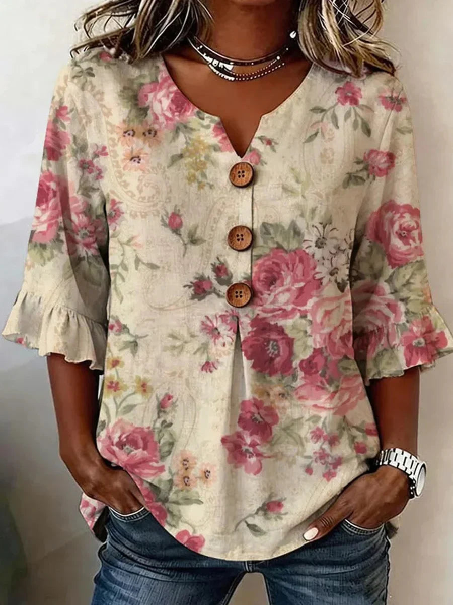 Blusa vintage de flores con escote en pico · Zoe