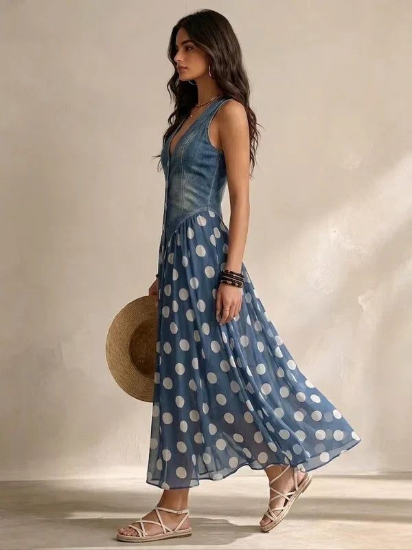 Alba Vestido Efecto Vaquero Elegante con Falda de Chifón de Lunares