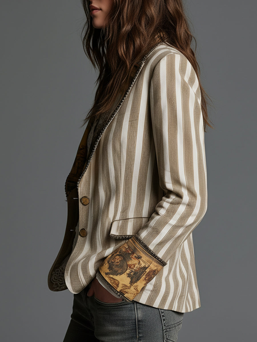 Carina Blazer Bohemio de Rayas con Solapas Estampadas