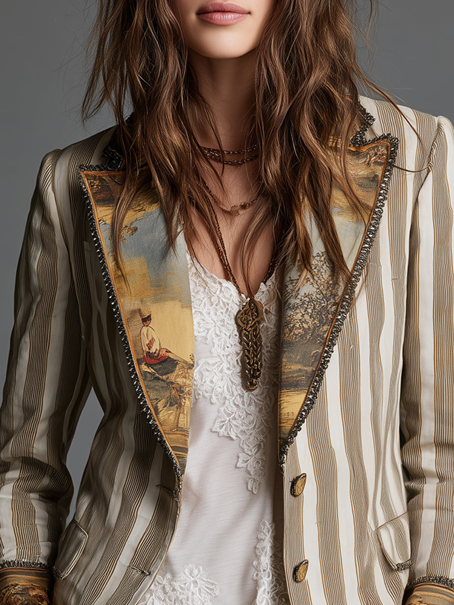 Carina Blazer Bohemio de Rayas con Solapas Estampadas