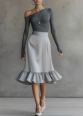 Susana Conjunto de Top Gris de un Hombro y Manga Larga y Vestido Midi con Bajo de Volantes