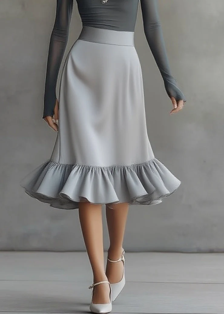 Susana Conjunto de Top Gris de un Hombro y Manga Larga y Vestido Midi con Bajo de Volantes