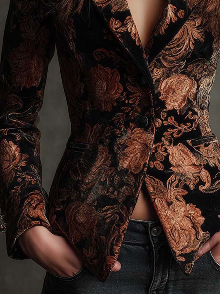 Leandra Blazer Negro con Estampado Floral Bronce