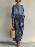 Lisa Conjunto de Dos Piezas con Top Oversize Azul y Falda Larga Estampada de Flores
