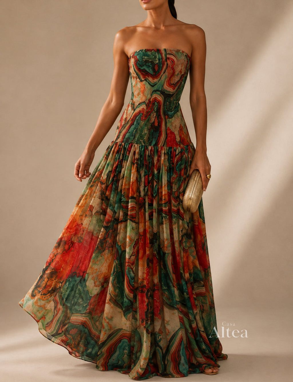 Isadora Vestido Maxi Palabra de Honor con Estampado Artístico