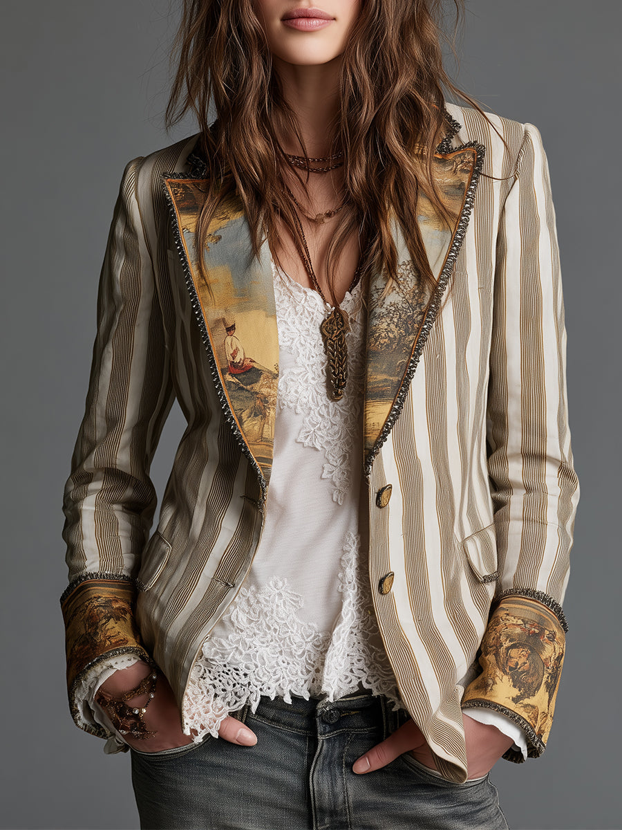 Carina Blazer Bohemio de Rayas con Solapas Estampadas