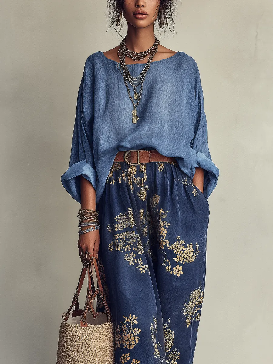 Lisa Conjunto de Dos Piezas con Top Oversize Azul y Falda Larga Estampada de Flores