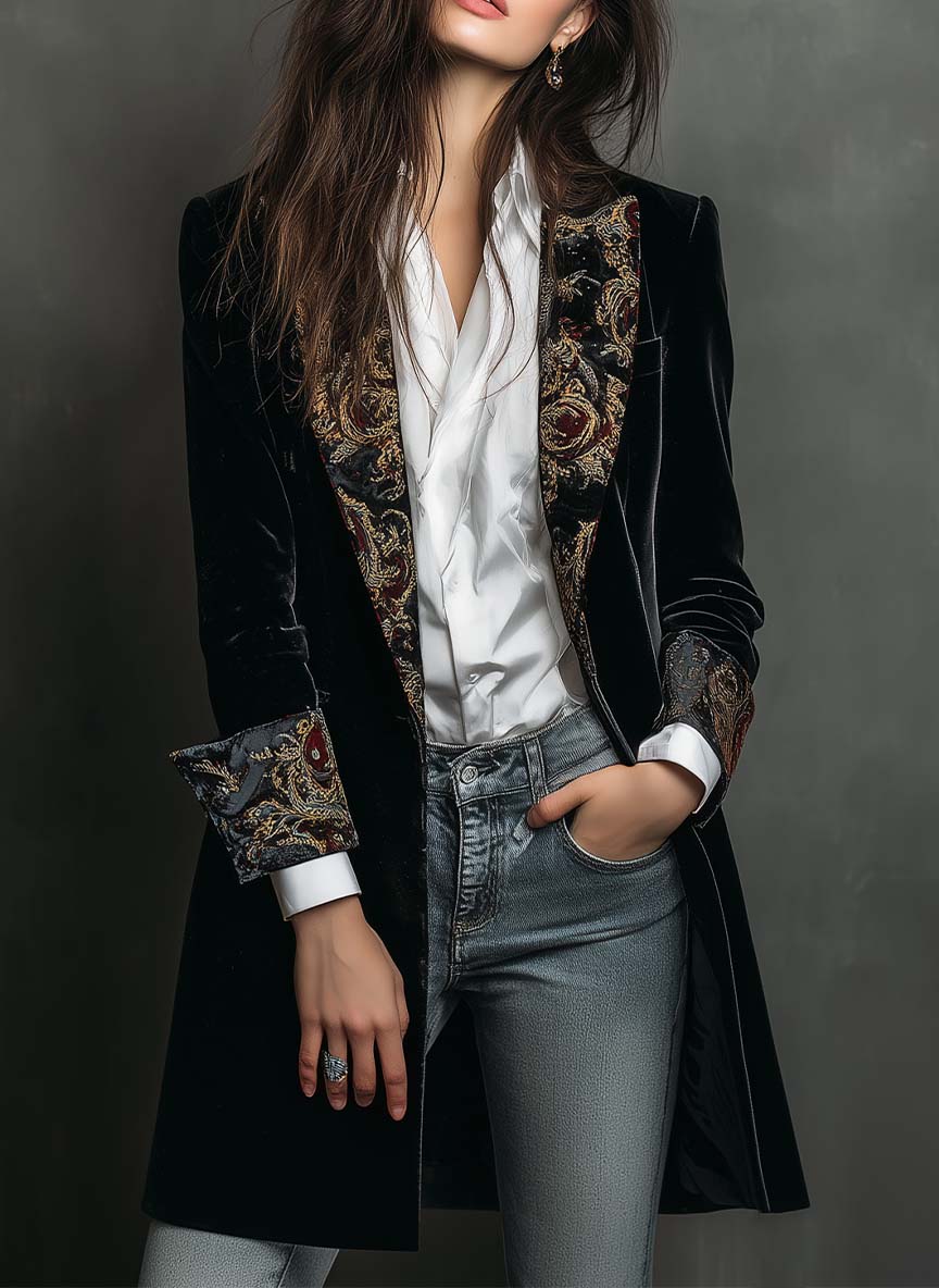 Bianca Blazer Negro Entallado con Estampado Barroco