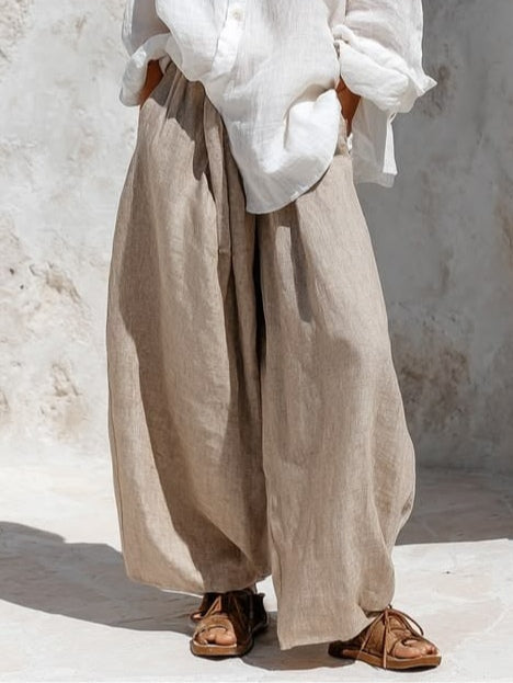 Bianca Conjunto Casual de Camisa Blanca de Manga Larga y Pantalón Caqui