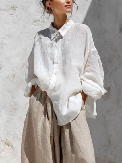 Bianca Conjunto Casual de Camisa Blanca de Manga Larga y Pantalón Caqui