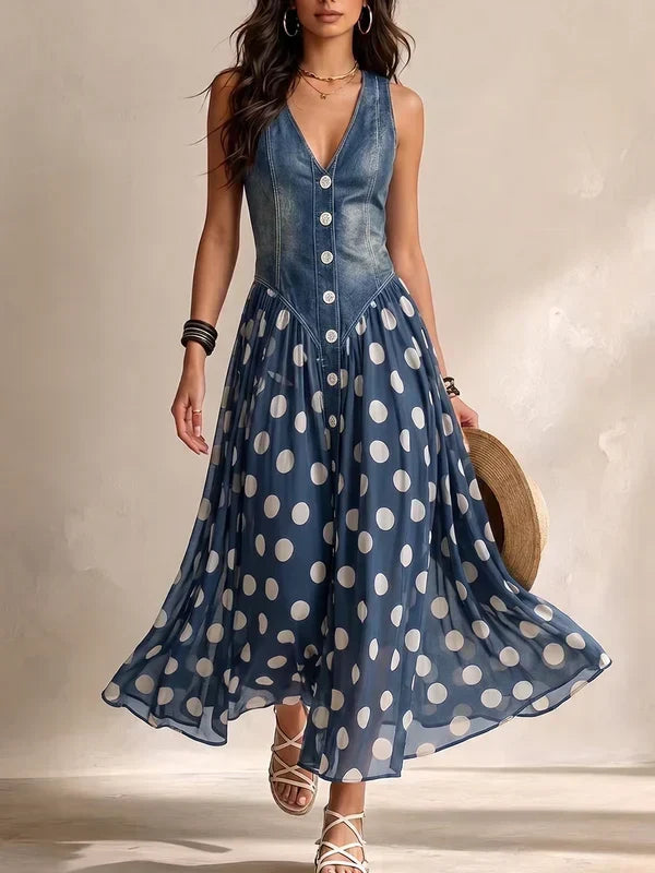 Alba Vestido Efecto Vaquero Elegante con Falda de Chifón de Lunares