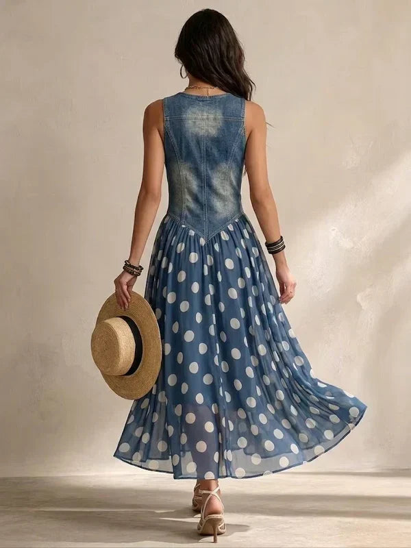 Alba Vestido Efecto Vaquero Elegante con Falda de Chifón de Lunares