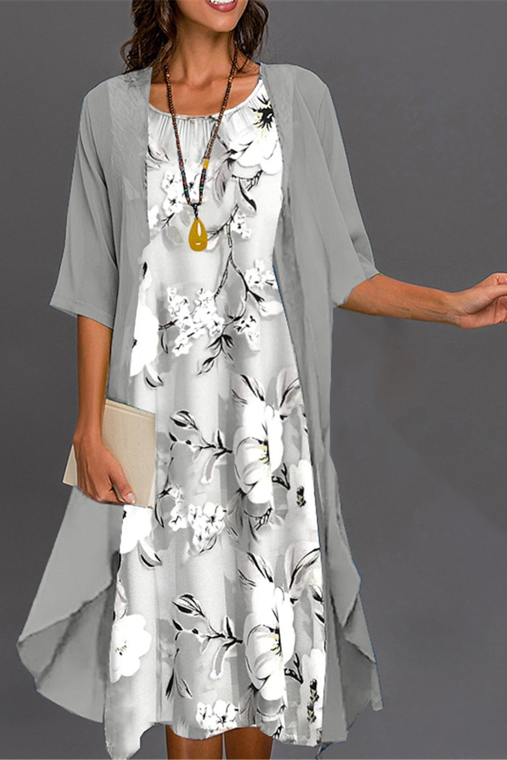 Vestido midi de dos piezas de flores con cuello redondo y manga francesa · Alba