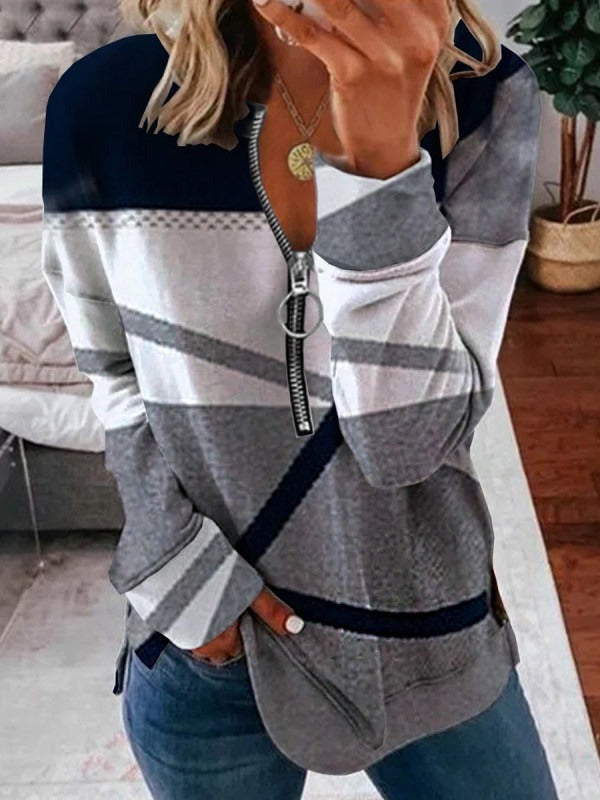 Sudadera bicolor con cuello redondo, manga larga y cremallera