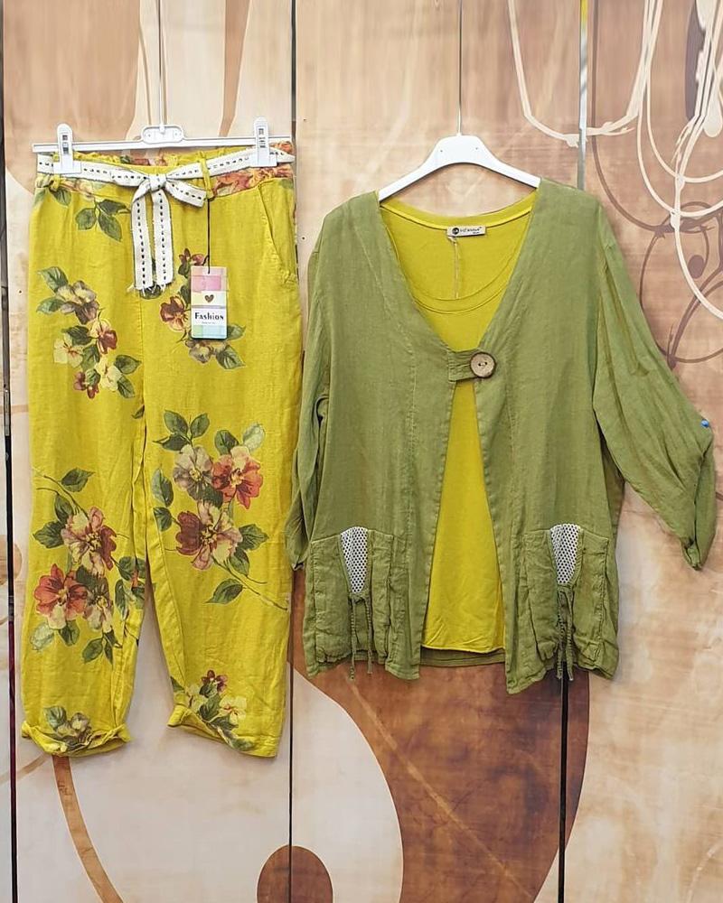 Conjunto de dos piezas holgado de flores con manga larga