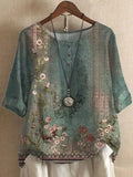 Blusa casual de flores verde con cuello redondo y manga larga