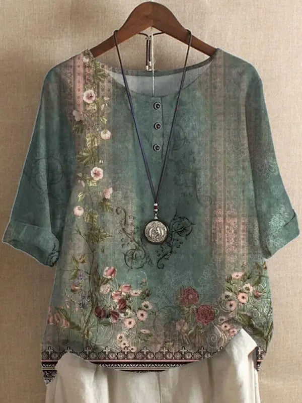 Blusa casual de flores verde con cuello redondo y manga larga