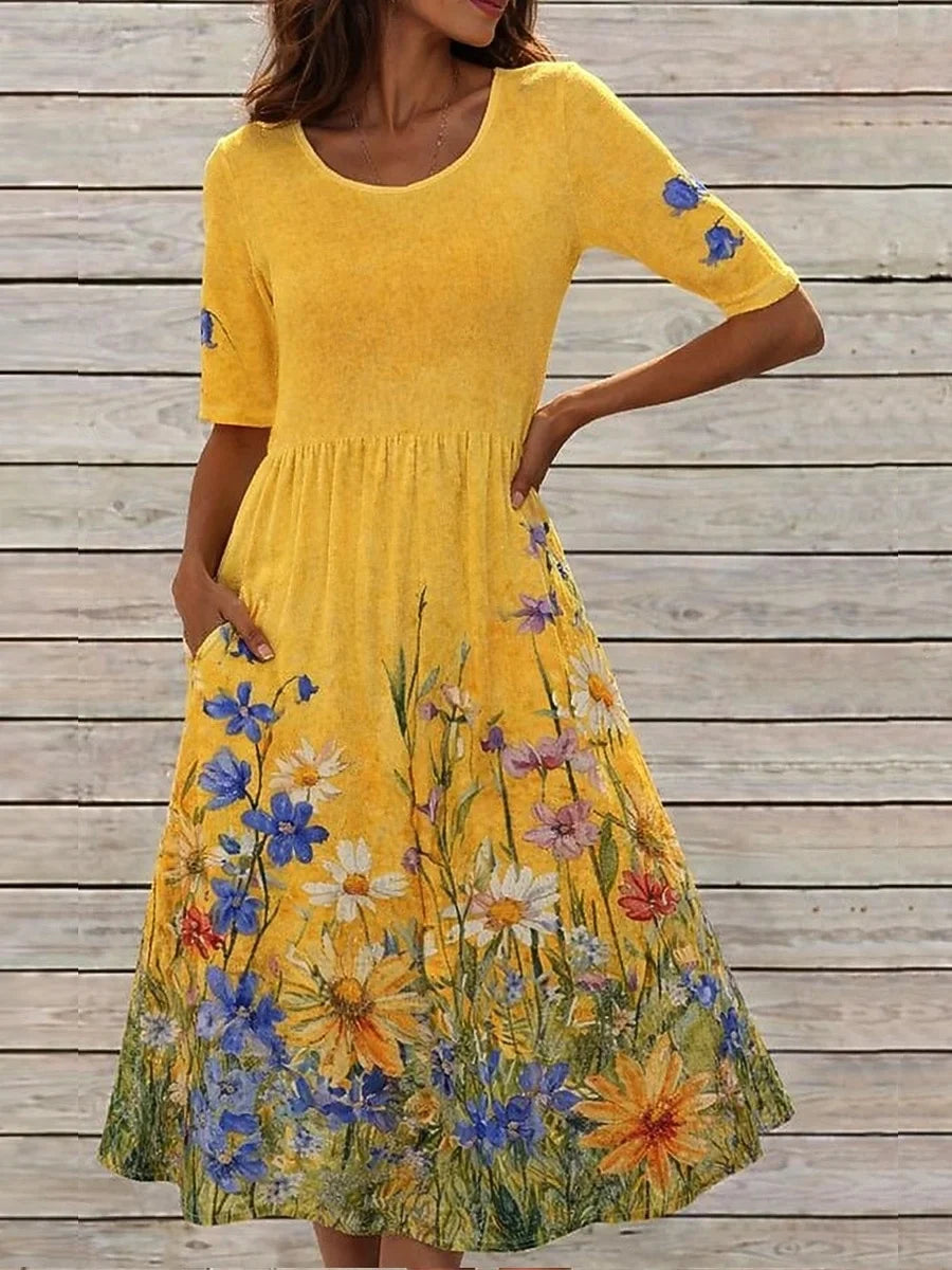 Vestido de talle alto de flores con cuello redondo y manga francesa — foto 3