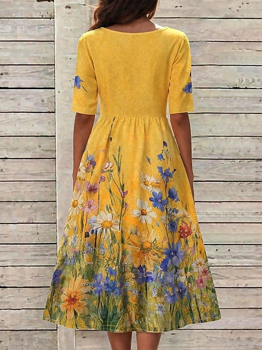 Vestido de talle alto de flores con cuello redondo y manga francesa — foto 4