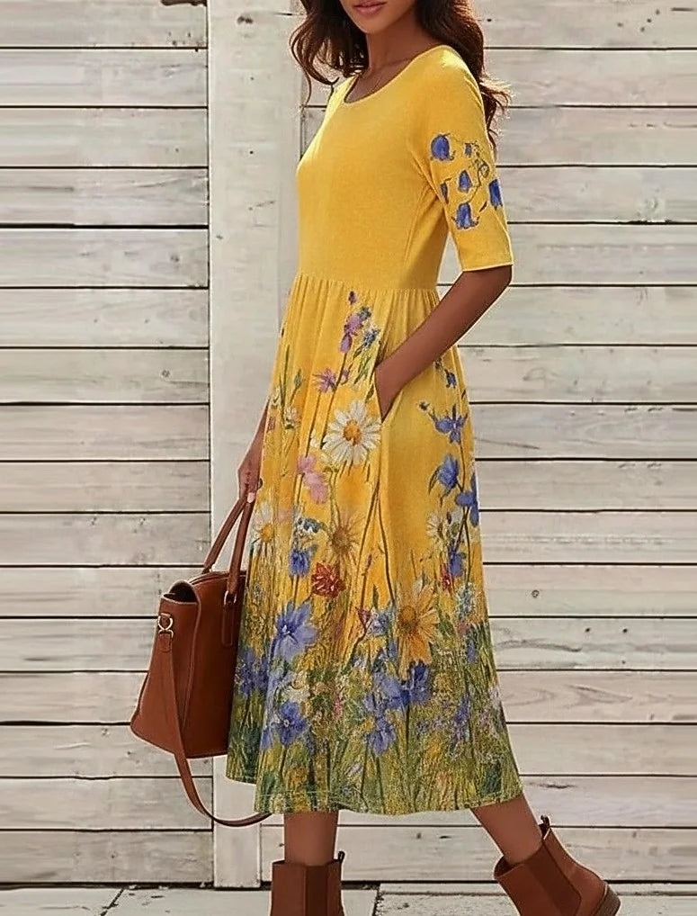 Vestido de talle alto de flores con cuello redondo y manga francesa — foto 2