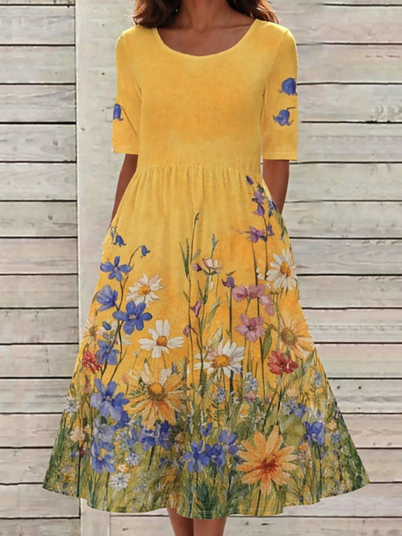 Vestido de talle alto de flores con cuello redondo y manga francesa