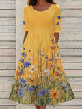 Vestido de talle alto de flores con cuello redondo y manga francesa